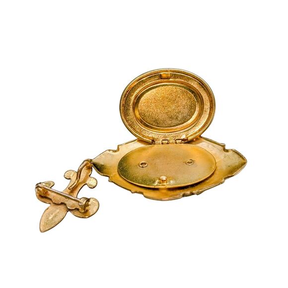 Vtg 1930s Guilloche Enamel Work Rose Design Fleur de Lis Locket Hanging Brooch - Picture 6 of 7